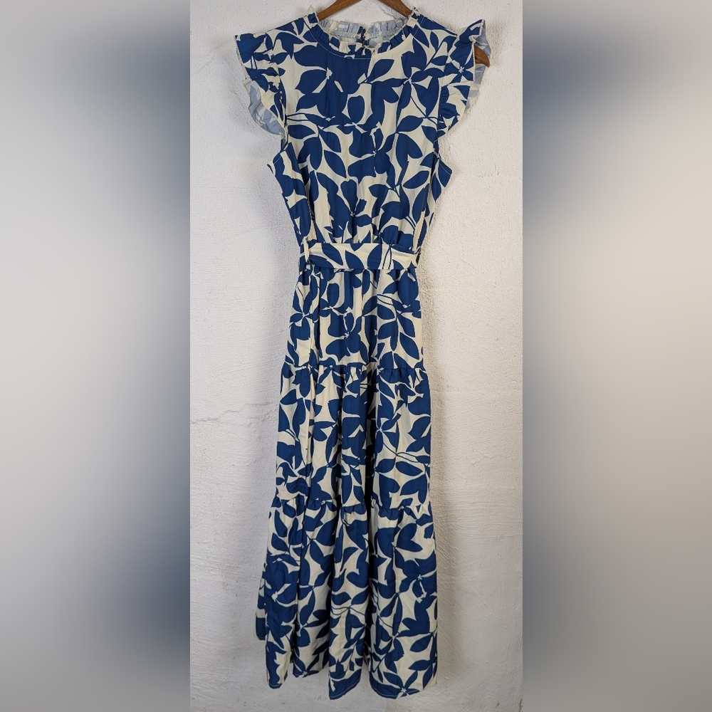 Shein Blue Floral Maxi Dress Tiered High Neck Ruffle Feminine Office Medium
